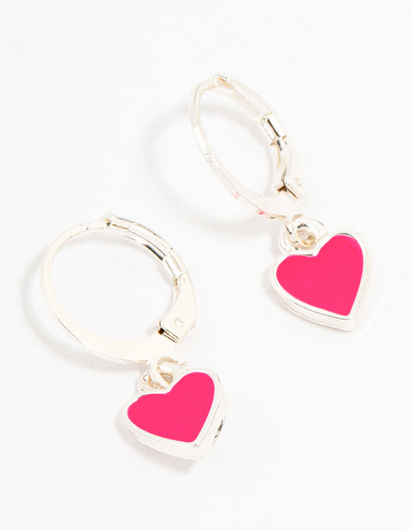 Silver Pink Heart Drop Huggie Earrings