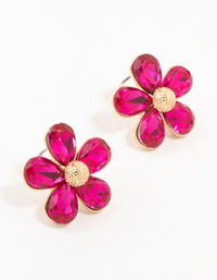 Gold Hot Pink Diamante Flower Stud Earrings - link has visual effect only