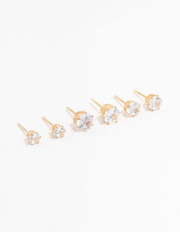 Gold Graduating Diamante Stud Earrings 3-Pack