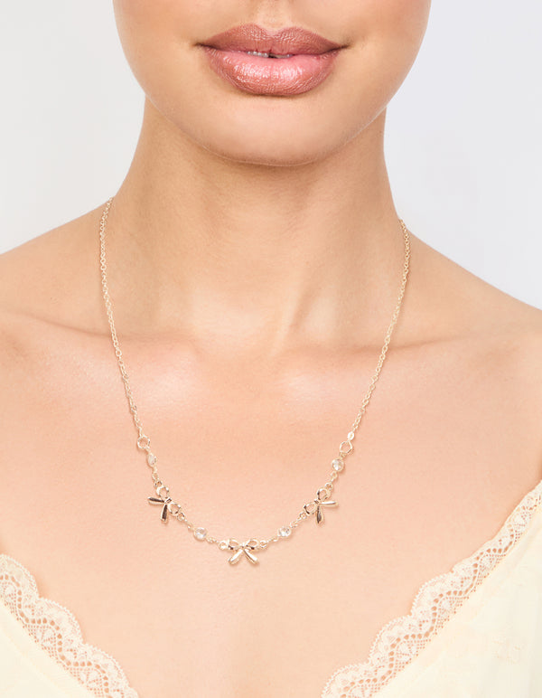 Rose Gold Station Diamante Bow Necklace