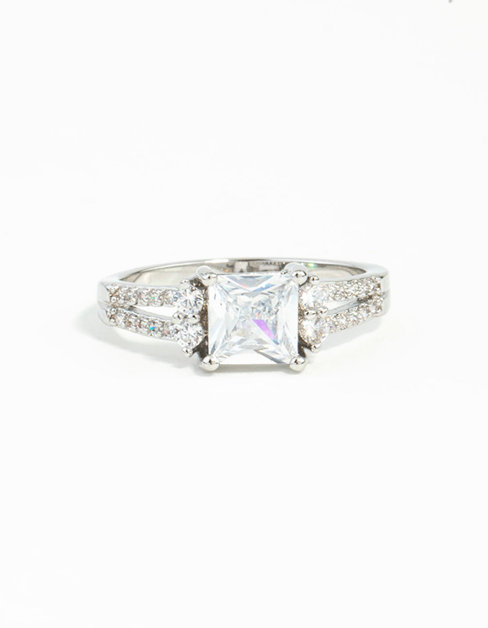 Beautiful silver cubic zirconia square stone ring with split shank and clear crystals close up view