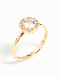 Elegant gold cubic zirconia circle stone surround ring with halo setting side detail view - link has visual effect only