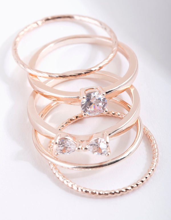 Rose Gold Cubic Zirconia Bow & Band Stacking  Rings 5-Pack