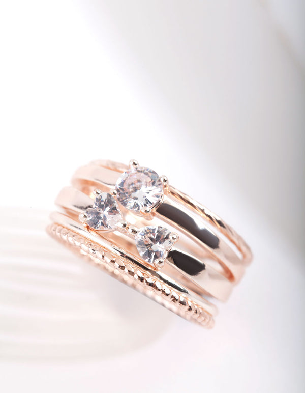 Rose Gold Cubic Zirconia Bow & Band Stacking  Rings 5-Pack