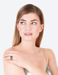 Featuring celestial silver symbol mood ring set with black and gold detailing on finger view - link has visual effect only