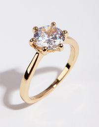 Showcasing a gold plated ring with round cubic zirconia featuring clear accents front view - link has visual effect only