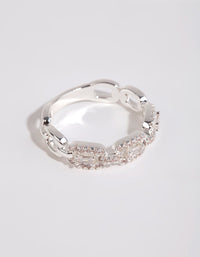 Crafted from silver plated material, this cubic zirconia chain ring in white side detail view - link has visual effect only