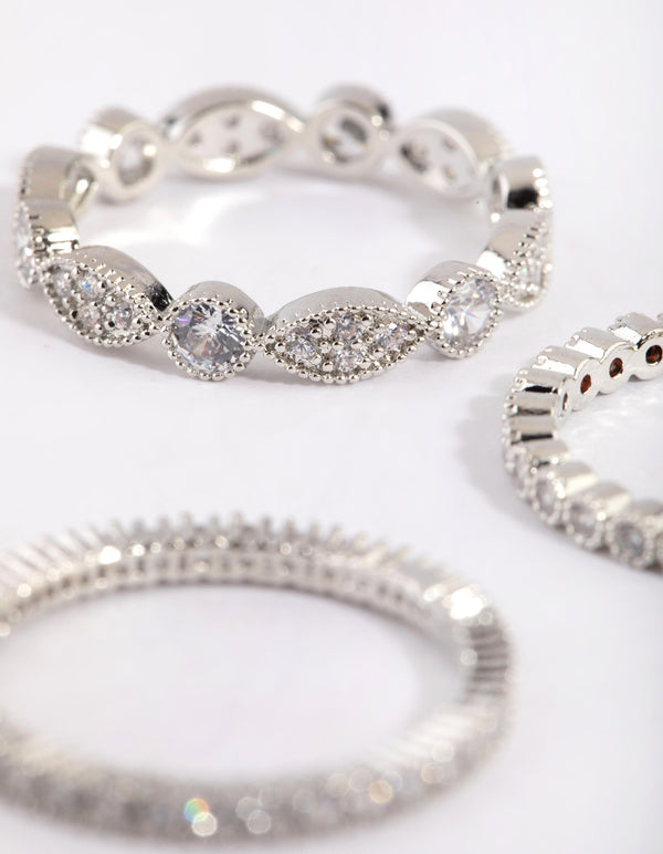 Crafted from silver oval and circle cubic zirconia ring pack close up view