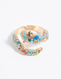 Showcasing a gold snake ring with turquoise enamel and multicolored gemstones in a coiled design front view - link has visual effect only