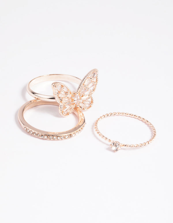 Showcasing a rose gold butterfly ring pack front view