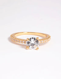 Elegant gold plated cubic zirconia round textured band ring with crystal accents front view - link has visual effect only