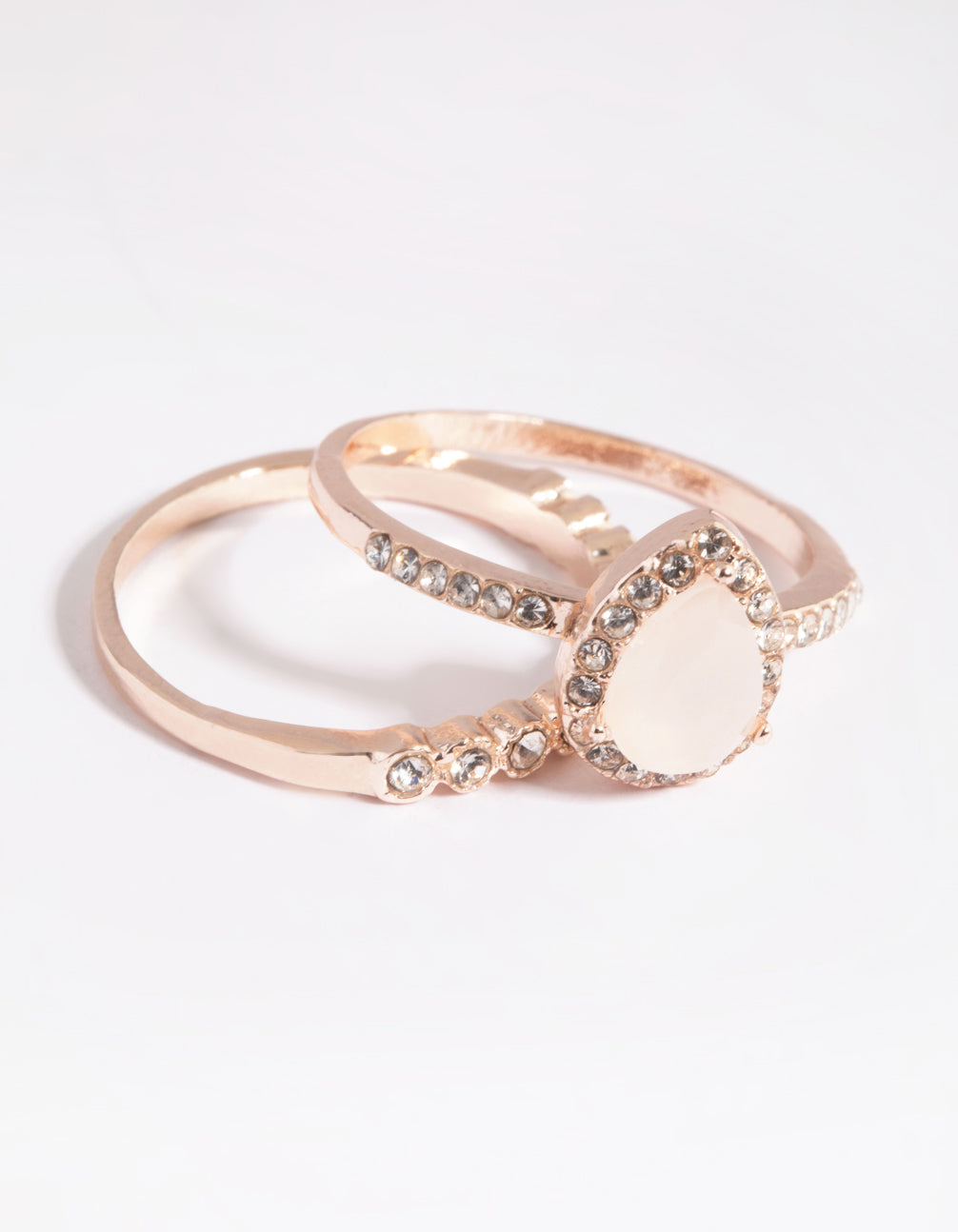 Showcasing a rose gold cat eye ring stack pack with 2 bands design front view