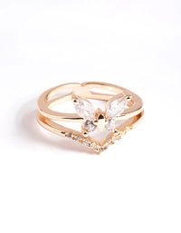 Elegantly crafted gold cubic zirconia butterfly double band ring in clear front view - link has visual effect only