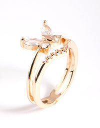Stunningly detailed gold cubic zirconia butterfly double band ring embellishments in clear close up view - link has visual effect only