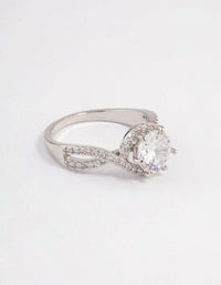 Beautifully crafted infinity halo ring with round crystal in silver side detail view - link has visual effect only