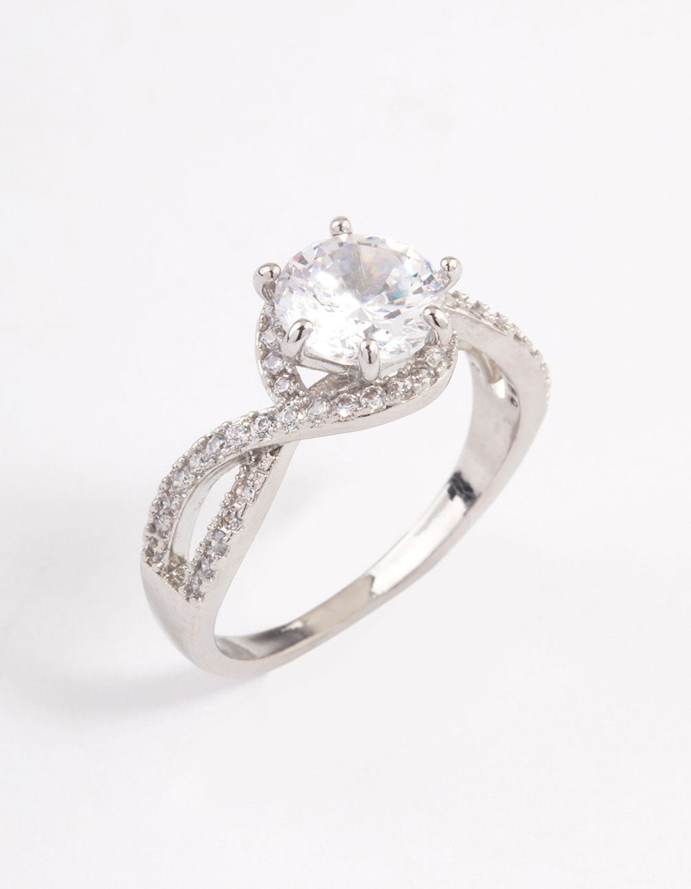Showcasing a round infinity halo ring with crystal in silver front view