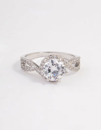 Elegantly designed round infinity halo ring featuring crystal in silver close up view - link has visual effect only