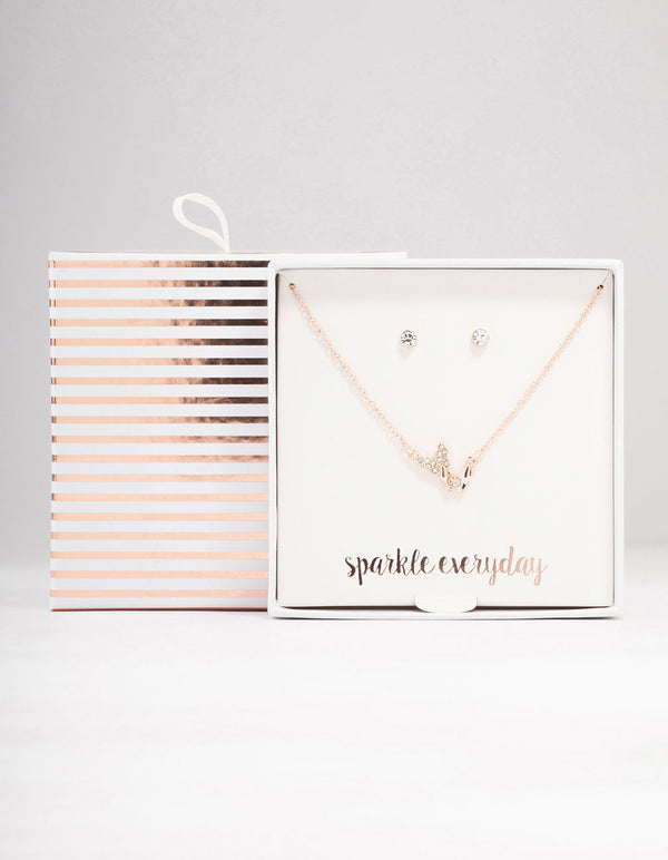 Rose Gold Double Butterfly Necklace & Stud Earrings Pack