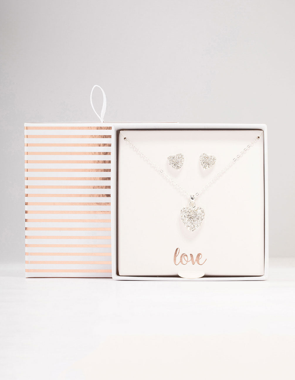 Silver Diamante Heart Necklace & Stud Earrings Set