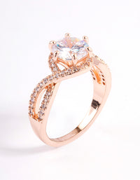 Stunning rose gold round infinity halo ring with cubic zirconia side detail view - link has visual effect only