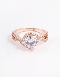 Elegant rose gold round infinity halo ring with cubic zirconia front view - link has visual effect only