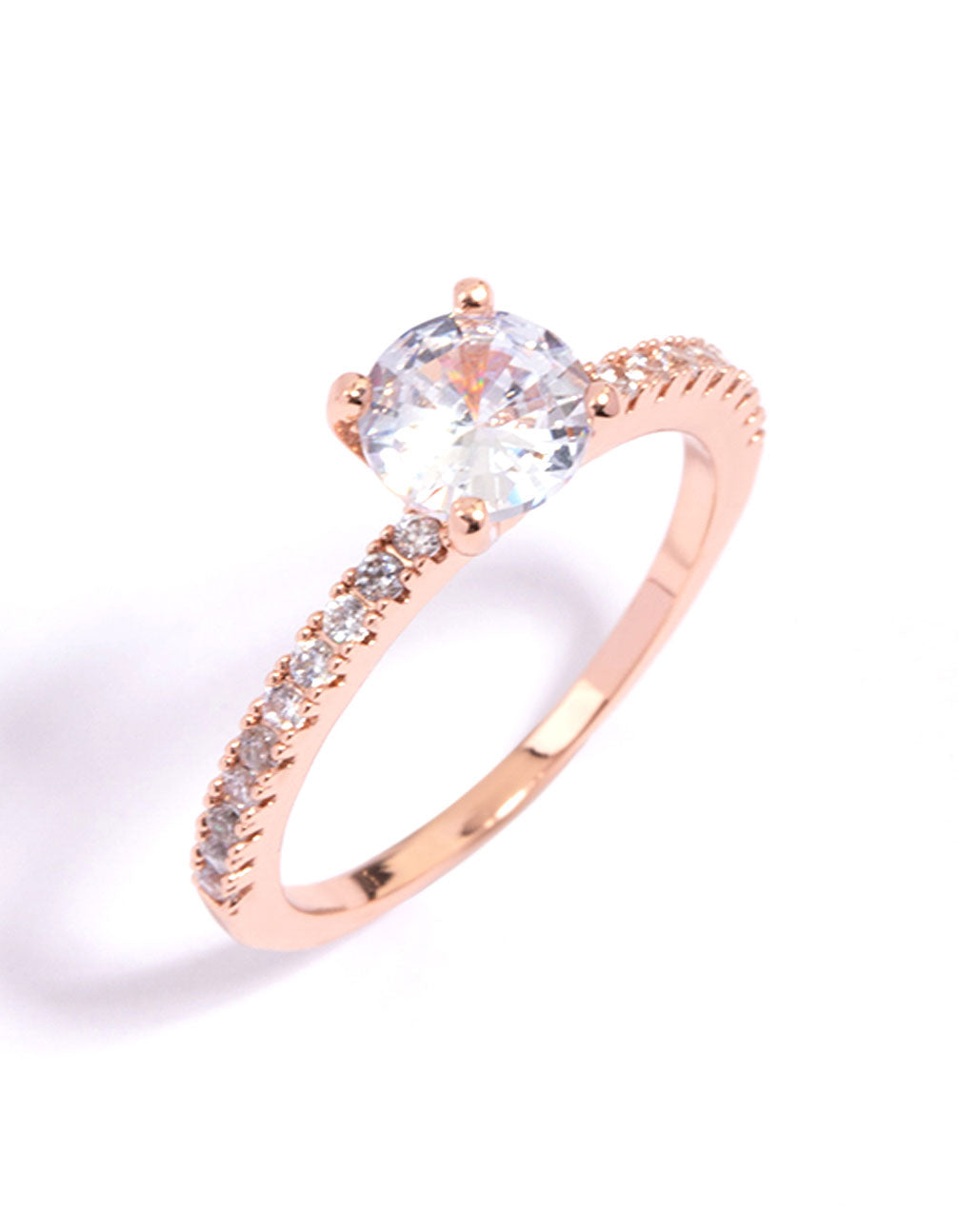Elegant rose gold plated cubic zirconia ring with round cut stones and textured band in statement style front view