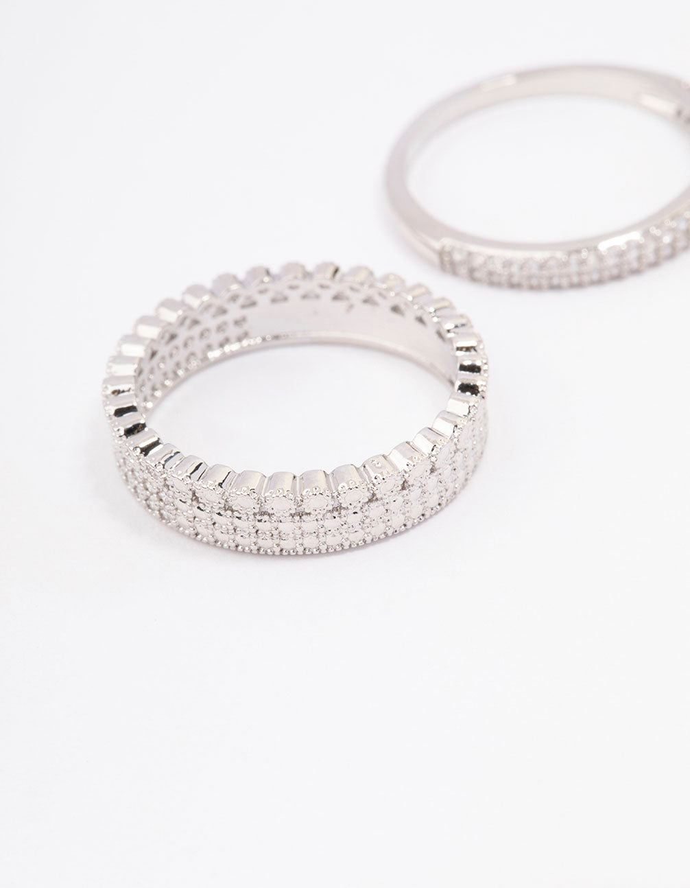 Elegant silver cubic zirconia double band stack ring featuring crystal embellishments close up view
