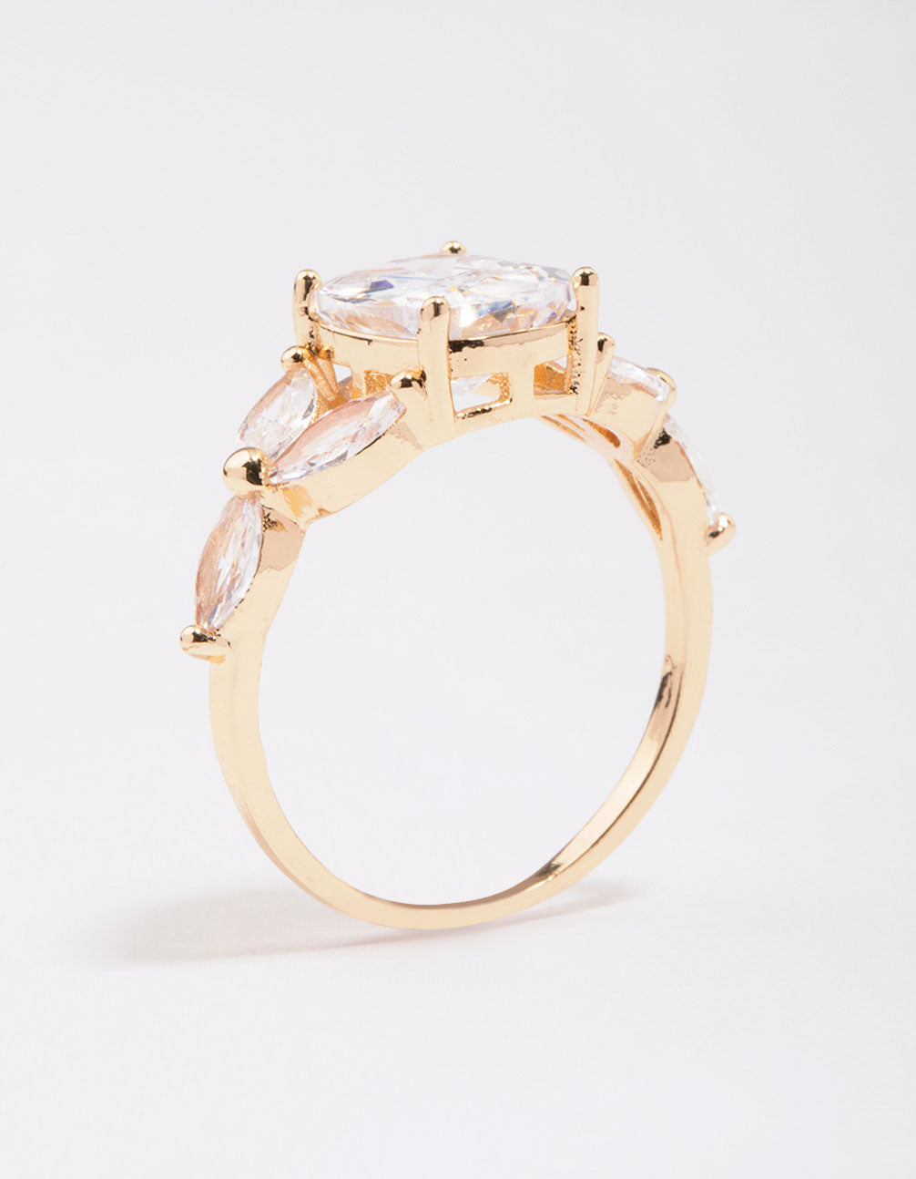 Featuring a gold elegant floral cubic zirconia ring designed with dainty style side detail view