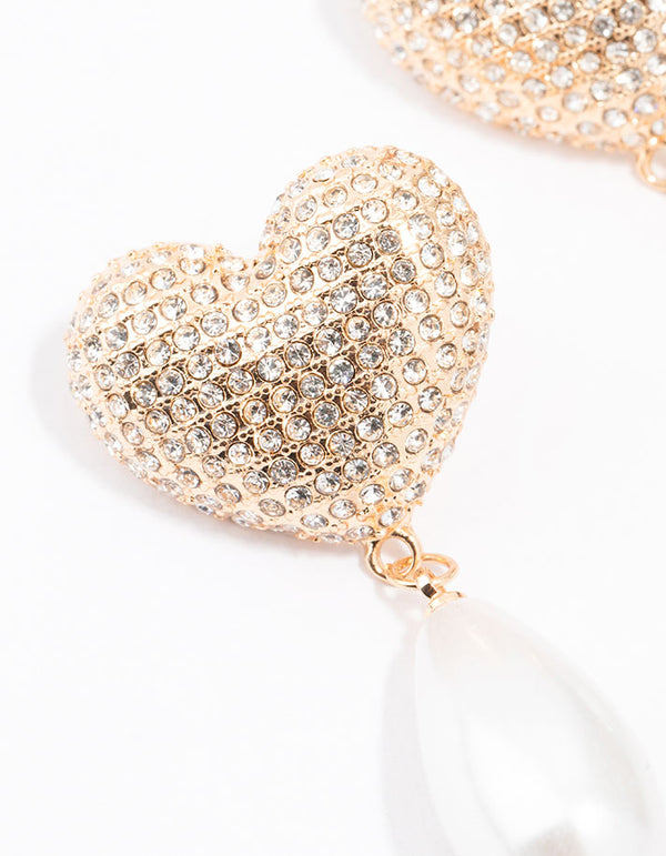 Gold Diamante Pearl Heart Drop Earrings
