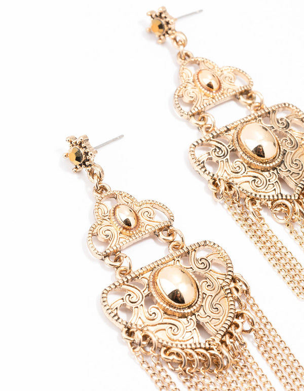 Gold Patterned Tassel Drop Earrings