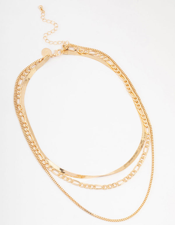 Gold 3 Row Snake Chain & Link Necklace