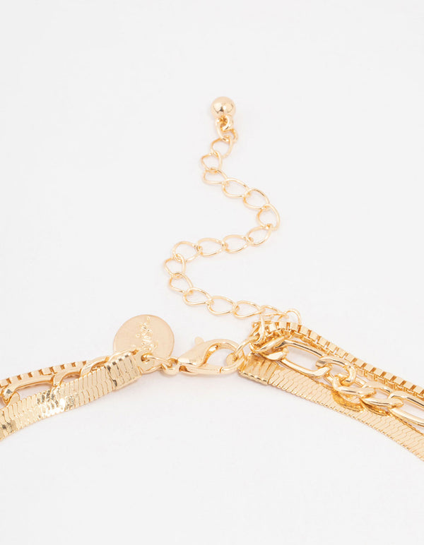 Gold 3 Row Snake Chain & Link Necklace