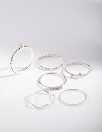 Showcasing silver diamante mixed band stacking rings 6-pack front view - link has visual effect only