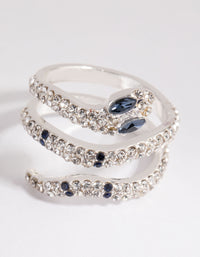Beautifully crafted silver diamante blue-eyed snake ring with navy accents front view - link has visual effect only