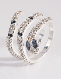 Elegant silver diamante blue-eyed snake ring with navy embellishments side detail view - link has visual effect only