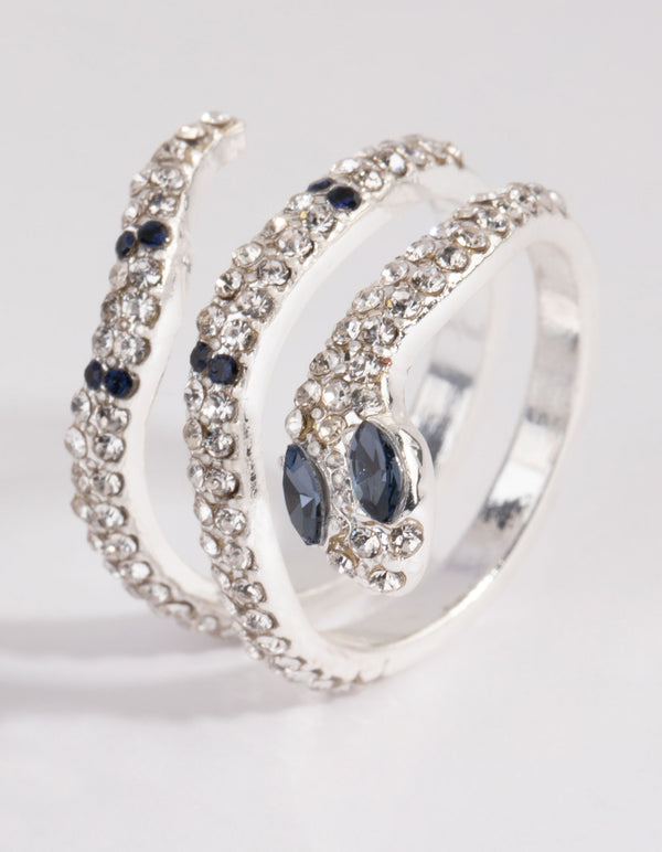 Elegant silver diamante blue-eyed snake ring with navy embellishments side detail view