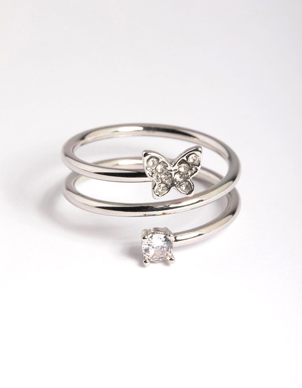 Elegant silver mini butterfly wrap ring close up view