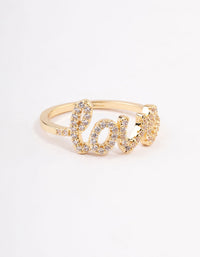 Presenting a gold plated love script ring featuring sparkling embellishments front view - link has visual effect only