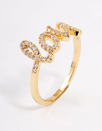 Showcasing a gold plated love script ring with shimmering details side detail view - link has visual effect only