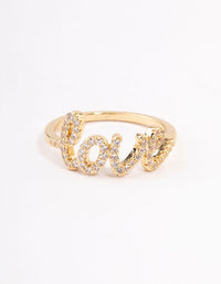 Capturing a gold plated love script ring adorned with crystals close up view - link has visual effect only