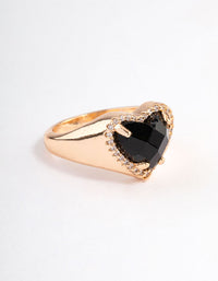 Elegantly designed gold black statement heart ring front view - link has visual effect only