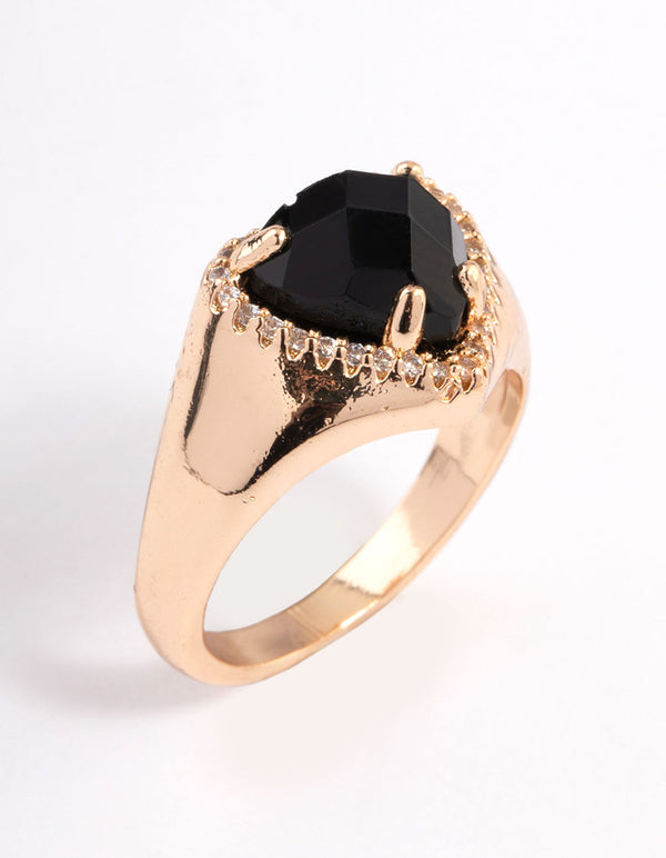 Stunning gold black statement heart ring side detail view