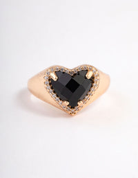 Beautifully crafted gold black statement heart ring close up view - link has visual effect only