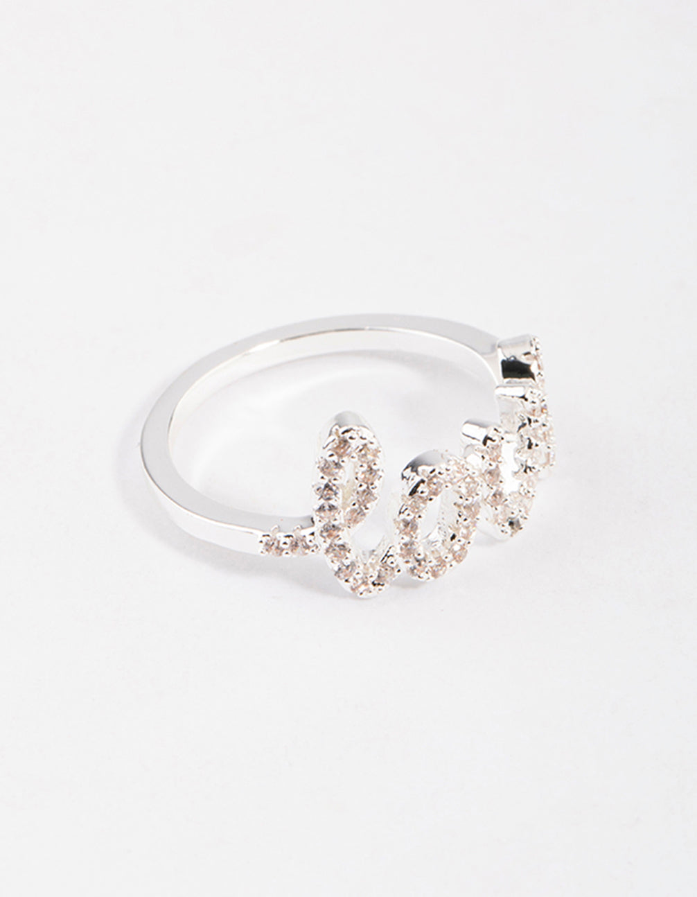 Elegantly designed silver plated love script ring featuring dainty details in clear side detail view