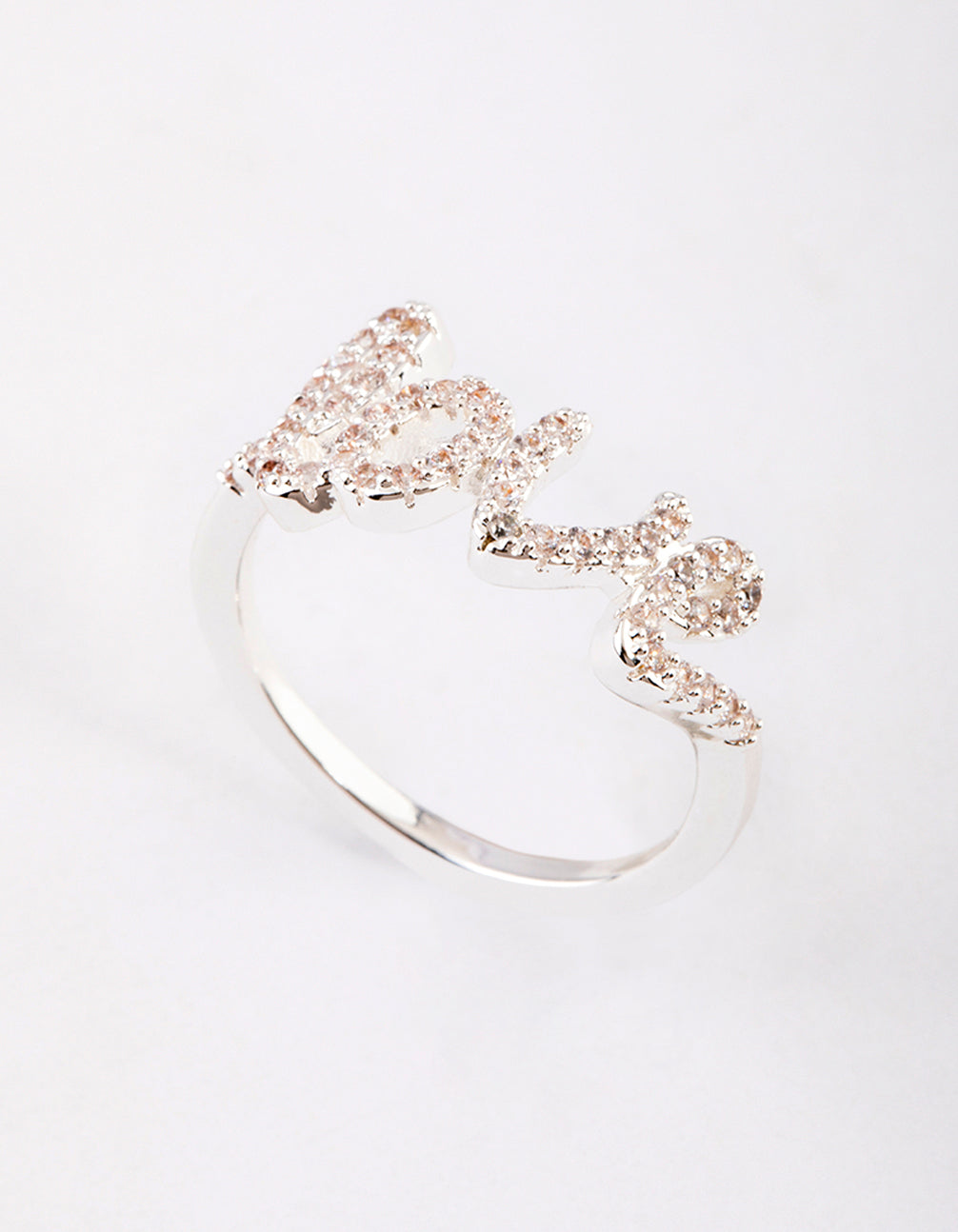 Elegantly designed silver plated love script ring featuring dainty details in clear side detail view