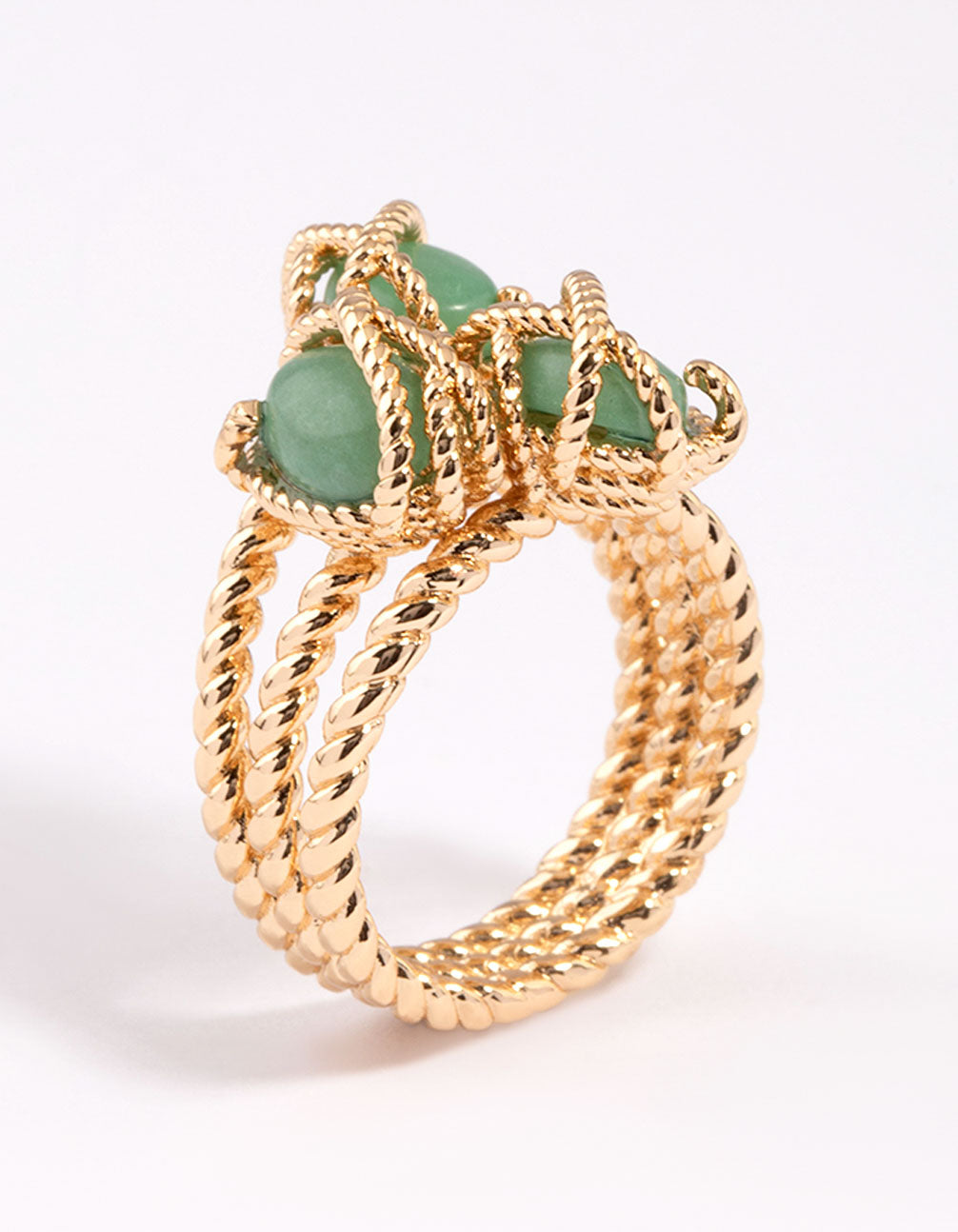 Elegant gold plated wrapped triple stone ring featuring sea green gemstones side detail view