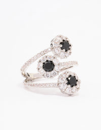 Showcasing a black round triple tier ring featuring round stone cut in silver and white tones front view - link has visual effect only