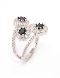 Elegant black round triple tier ring with round stone cut crafted in silver and white side detail view - link has visual effect only