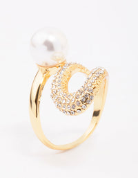 Showcasing a gold plated pave pearl cocktail ring with cubic zirconia side detail view - link has visual effect only