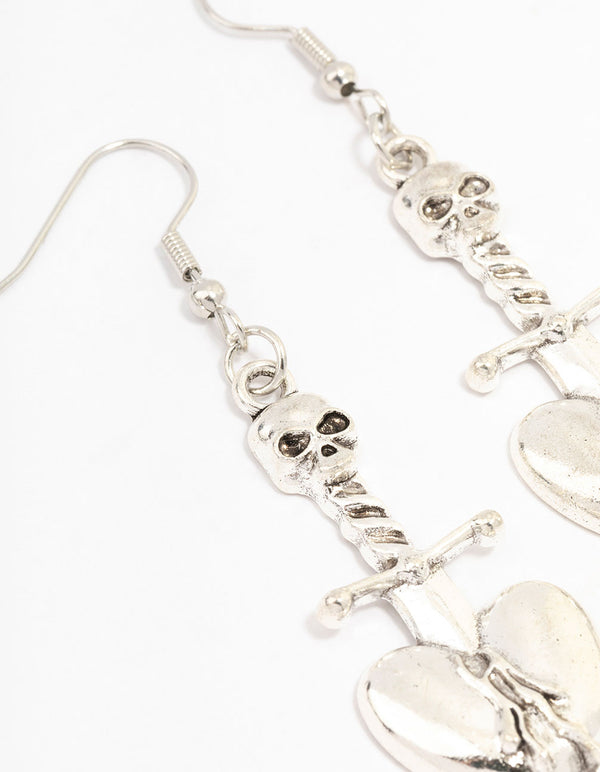 Silver Dagger Heart Drop Earrings